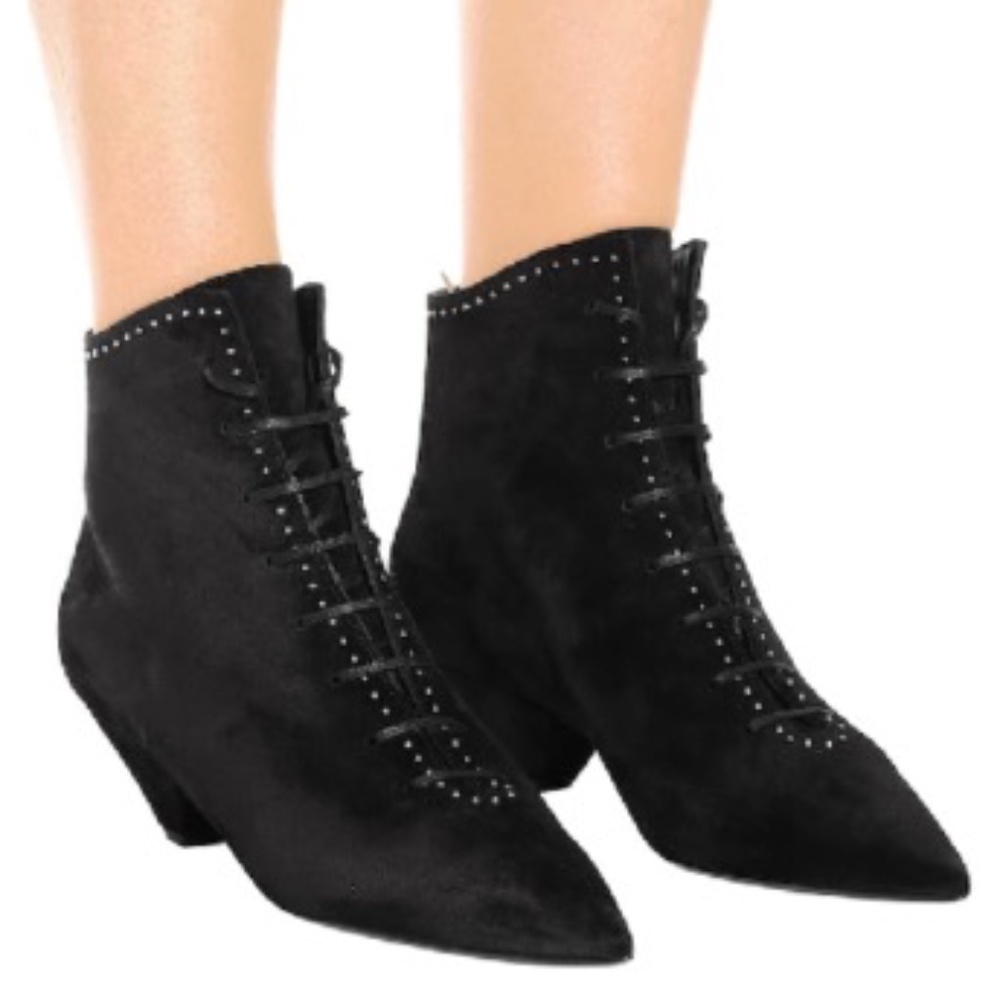 YSL Saint Laurent Suede Blaze Studded Lace Up Ankle Boots in Black